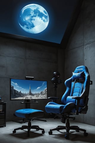 There should be a very big gaming display in which very big buildings should be seen and the blue sky should be visible in which the picture of the moon should also be visible and in front of the gaming screen there should be two unique types of chairs in high weight, in it there should be a picture of a good building on the display in which the color should be blue, the color of the gaming display should also be blue and the room inside should be dark and the wall of the room should be made of glass.