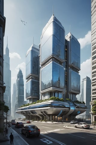 A create futuristic city with big building show large size with office show out side 