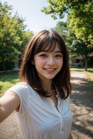 Masterpiece, top quality, high definition, artistic composition, 1 girl, upper body, composition from below, smiling, cotton shirt, looking at me, blue sky, sunlight through trees, casual, portrait, warm, reaching out