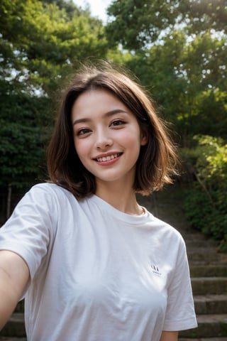 Masterpiece, top quality, high definition, artistic composition, 1 girl, upper body, composition from below, smiling, cotton shirt, looking at me, blue sky, sunlight through trees, casual, portrait, warm, reaching out