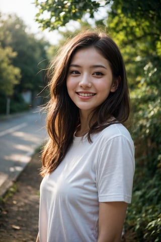 Masterpiece, top quality, high definition, artistic composition, 1 girl, upper body, composition from below, smiling, cotton shirt, looking at me, blue sky, sunlight through trees, casual, portrait, warm, reaching out