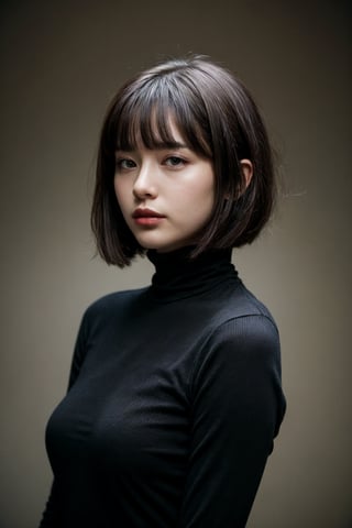 illustraion, aesthetically pleasing, 1girl, solo, slim, black hair, bobcut, bangs, black eyes, closed mouth, black shirt, short sleeves, turtleneck, upper body, standing up, realistic background