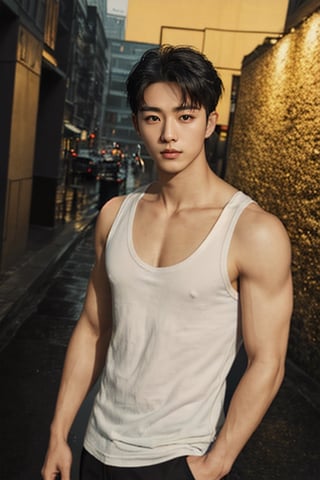  (masterpiece, ultra realistic, ultra detailed, high quality, 8k resolution, cool demeanor, dramatic lighting, high contrast, ultra high res, golden ratio), a 25 years old korean man, broad shoulders, v-neck tank top and black pants, slim, whort pulled back hair, thin lips, squinted eyes, sharp cheeks, sharp jawline, flared nose, tied up his hands, full body, sunny day