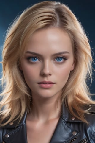 girl, supermodel, golden hair, leather jacket, colour t-shirt, blue eyes, marvel look, studio lighting,Extremely Realistic