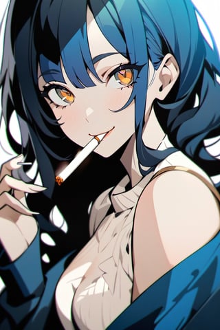 masterpiece, best quality,  beautiful eyes, clear eyes, detailed eyes, smile, 1girl, 20_old, brown_eyes, white_background, high_color, black-long-hair, beauty, cigarete,smoking, perfect,1 girl, Leonardo Style,Flat vector art,txznf