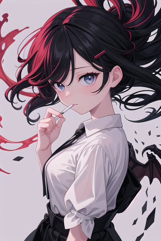 masutepiece, Best Quality, Illustration, Ultra-detailed, finely detail, hight resolution, 8K Wallpaper, Perfect dynamic composition, Beautiful detailed eyes, 1girl, beaty, 20_old, long_hair, black_hair, break, inner_red_hair, break, white_dress_shirt, black_dress_pants, break,  smoking, cigarete, yunjindef, white_background,portrait,illustration,dragonink,fcloseup,1 girl,rgbcolor,emotion ,twinkle eyes