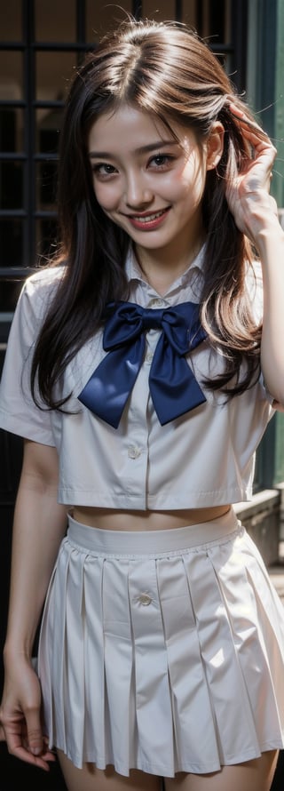 (Masterpiece, Top Quality, Best Quality, Official Art, Beauty and Aesthetics: 1.2), HDR, high contrast, wide shot(majestic:1.5), hyper realistic, highly detailed, uhd:1.3, RAW photo, ,Japanese ,Idol,1girl, grin, bow on head,  school_uniform(white blouse and blue pleated_skirt)