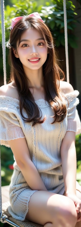 a young blonde asian beauty,long brown hair,bow on head,beautiful detailed eyes,beautiful detailed lips,long eyelashes,soft facial features, cute smile,  flower garden background, sitting on a swing, vibrant colors,pleasant lighting,artistic rendering,perfect light