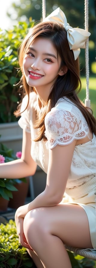 a young blonde asian beauty,long brown hair,bow on head,beautiful detailed eyes,beautiful detailed lips,long eyelashes,soft facial features, cute smile,  flower garden background, sitting on a swing, vibrant colors,pleasant lighting,artistic rendering,perfect light