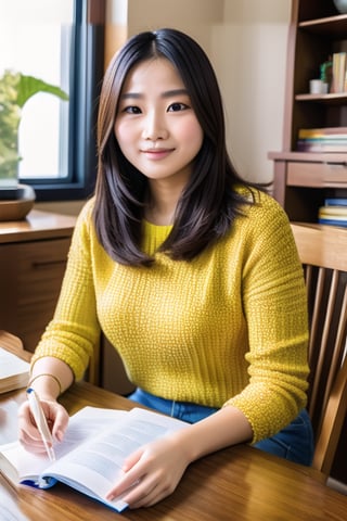 A mother's gentle smile illuminates a warm and cozy home office setting as she sits comfortably at a wooden desk. Her mid-30s appearance shines with warmth amidst scattered textbooks, pencils, and papers. Beside her, her 8-10 year old son looks up for guidance, their collaborative learning moment bathed in soft natural light pouring from the window behind them.