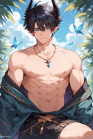 score_9, score_8_up, score_7_up, masterpiece, best quality, 1boy, male focus, ren_zotto, horns, black hair, blue eyes, pointy ears, looking at viewer,muscles,big_dick,big_muscle