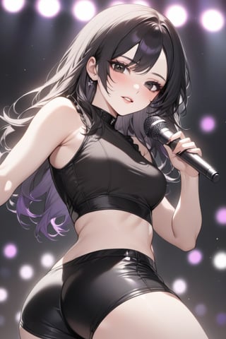 Girl, K-pop, idol, singing, stage, purple lights, beautiful, ethereal, Korean, hot, girl crush concept, pale skin, defined lips, curves, face focus, wink, korean, black hair, black eyes, crop top, booty shorts, slim, pretty, delicate