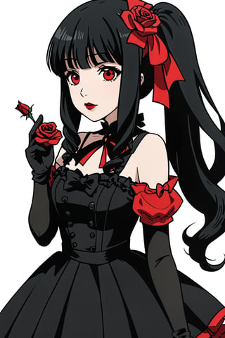 sticker_layout, goth girl,(((ayako kuroba))), long hair, bangs, black hair, hair ornament, red eyes, hair ribbon, hair flower, blunt bangs, rose, drill hair, lipstick, red flower, red rose, red lips,gloves, dress, bow, bare shoulders, collarbone, frills, detached sleeves, black gloves, elbow gloves, black dress, halterneck