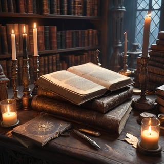 ancient library, books, artifacts, magical gothic spellbook, candles, writing quill, magical paraphernalia, trending on artstation, sharp focus, studio photo, intricate details, highly detailed, by greg rutkowski