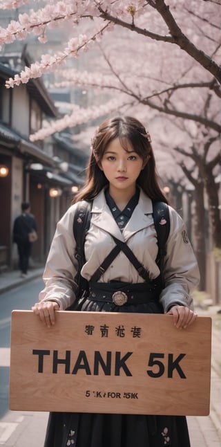 film photography aesthetic, film grain, cinematic, A girl holding a board that says ((""Thank you for 5K "")) , cinematic lighting,background cherry blossoms Cosmic
