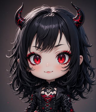 Masterpiece, 4K, ultra detailed, chibi anime style, joyful dark Satan girl with goth makeup, SFW, depth of field, Details,