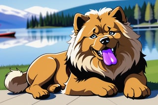 Chow-chow breed, Luxurious lion's mane, a slightly frowning expression on the muzzle and a purple tongue, Blue oval eyes of medium size, the pupil is clearly visible, a red dog with its tongue hanging out sits near the lake. a lot of wool, 4 paws, close-up, SUNNY WEATHER,