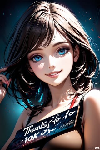 Very beautiful girl holding a board with text "Thanks for 10k" text, illustration, detailed, realistic, UHD, beautiful detailed eyes, beautiful detailed, Warmly smile.,Text,Ink art
