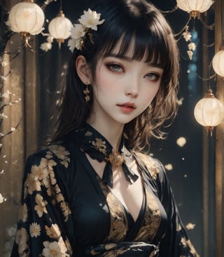 high quality, high quality 32k  Woman in a gothic setting, grunge inspired with Yuko Shimizu, Masamune Shirow, Inio Asano, and Junji Ito's styles, high fashion elements in a dark and ambiguous atmosphere, hair flowing into a radiant lily, body embellished with crystals, luminism, bioluminescence, expression brimming with hyperrealism, stands with dark beauty, cinematic lighting, visual enhancement through triple exposure technique, accentuating the character's impeccably depicted fingers and idealised form, Japanese ink techniques, chiaroscuro effects, medium shot, high quality, ultra hd,emo