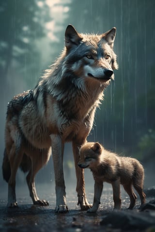 Summer rain cascading down in sharp focus on a wolf with its cubs, surrounded by a haze, captured with the ultra-detailed essence of film photography featuring light leaks, inspired by the intricate style of Greg Rutkowski, studio photo, trending on ArtStation, intricate details, highly detailed, cinematic.