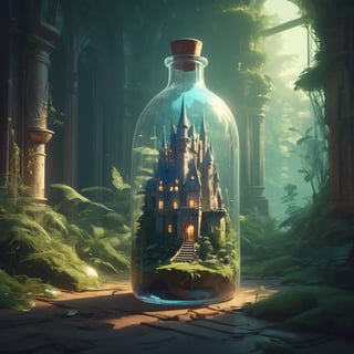 Enchanted castle nestled within a transparent glass bottle, ornate with magical allure, the edifice encompassed by an old-world mystique, a multitude of hidden alcoves embellished within, set within a dense, whispering forest, all imagined in a virtuosic melange of Unreal Engine finesse and the signature styles of Greg Rutkowski, Loish, Rhads, Beeple, Makoto Shinkai, Lois royo