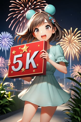 A girl holding a 3D sign  that reads text "5 K" text. Fireworks in the background 