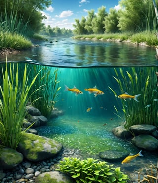 photorealistic of a river, in a forest, with fresh water, with a characteristic seawater fish that swims underwater, with reeds, view of the river with trees on the bank