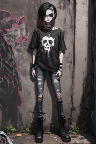 1 tomboy,Androgynous, boyish woman with emo-grunge fashion, Short, tousled dark hair with colorful streaks. Striking features, minimal makeup with dark eyeliner, Pale skin,ear piercings,
Outfit:Oversized distressed band t-shirt,Ripped black skinny jeans,Heavy combat boots,Layered silver necklaces and bracelets, slight smirk. Urban background, graffiti wall,
Style: High contrast photography, moody lighting. Gritty texture, desaturated colors except for hair highlights. Focus on subject's face and outfit details,goth girl