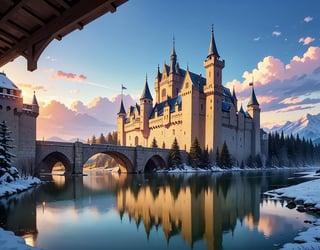 fantasy art, RPG art, photographic, National Geographic quality picture, award winning, (Best Detailed: 1.5), (best quality: 1.5) picture of an epic castle near the lake at dawn, the Middle ages castle is master crat artistry, there are (4 towers: 1.2), (massive walls: 1.2), (barbicans: 1.2), (flags: 1.2), ( a bridge: 1.2), the entire castle is being reflected in the lake in a perfect image (Best details, Best quality: 1.5), the lake is calm and placid, its dawn, the sun is rising, there some light clouds in the sky, and sun rays, behind the castle there is a missive snowy mountain as background best quality, (extremely detailed), ultra wide shot, photorealism, depth of field, hyper realistic, 2.5 rendering,