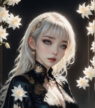 high quality, high quality 32k  Woman in a gothic setting, grunge inspired with Yuko Shimizu, Masamune Shirow, Inio Asano, and Junji Ito's styles, high fashion elements in a dark and ambiguous atmosphere, White hair flowing into a radiant lily, body embellished with crystals, luminism, bioluminescence, expression brimming with hyperrealism, stands with dark beauty, cinematic lighting, visual enhancement through triple exposure technique, accentuating the character's impeccably depicted fingers and idealised form, Japanese ink techniques, chiaroscuro effects, medium shot, high quality, ultra hd,emo