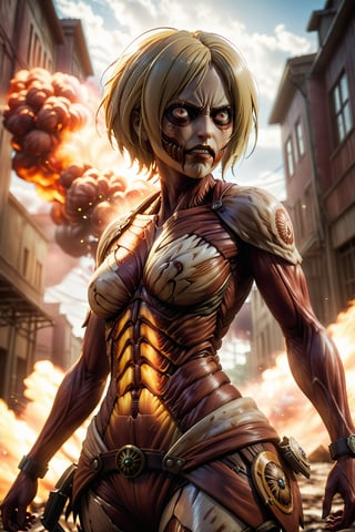 Attack on Titan Annie, Post-apocalytic, Female Titan, Bokeh, nffsw, Side lighting, A hyper-realistic, Ray tracing, Whole body, Fall, super mad, Mad Female Giant, apocalypse, Realistic Titans, look from down,