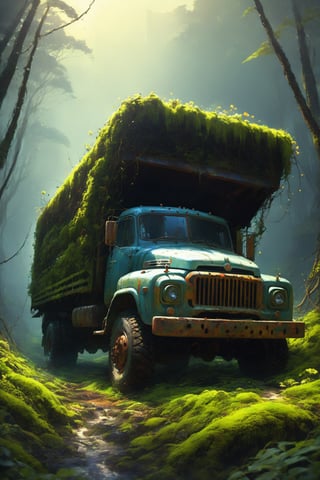 a decayed truck in a forest, rust, moss flowers, vines, Digital illustration, very vibrant colors, soft lighting, adventurous, atmospheric lighting, 8K, octane render, By Makoto Shinkai, Stanley Artgerm Lau, WLOP, Rossdraws, warriors fan art, James Jean, Andrei Riabovitchev, Marc Simonetti, krenz cushart, Sakimichan, D&D trending on ArtStation, digital art