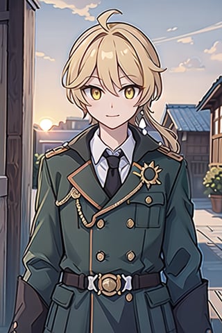 aether_genshin,blonde hair, yellow eyes, smile, closed mouth, military uniform,sunset,high_resolution,