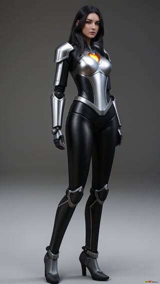 Beautiful tall woman in robotic armor with super realistic and well detailed black hair.