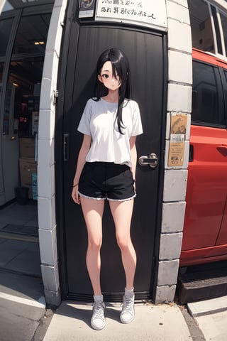 (masterpiece), best quality, highly detailed, 1girl, mature female, black hair, long hair, straight hair, forehead, black eyes, shirt, short sleeve, shorts, sneakers, standing, outside, [fisheye lens:: 0]