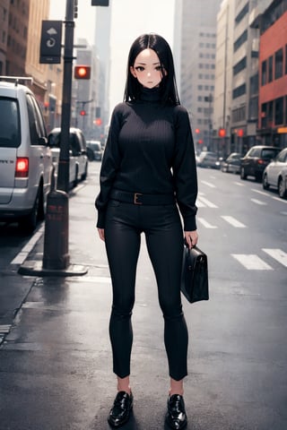 masterpiece, best quality, 1girl, mature woman, black hair, long hair, straight hair, forehead, black eyes, turtleneck sweater, pants, shoes, standing, outside, [fisheye lens:: 1]