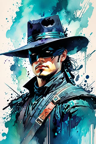 Zorro ,iconographic, glitch background, , watercolor, ink, mist, interactive image, highly detailed, art style by Clayton Crain + Ross Tran + Rachel Walpole + Jeszika Le Vye + Dan Volbert + Simon Stalenhag + Brian Stelfreeze