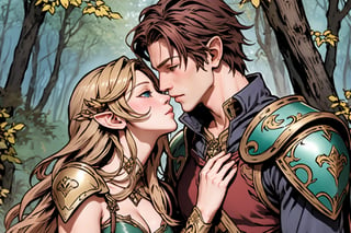 Full body shot. Show a young, cute, blonde, blue-eyed, elf woman in leather armor and a red-dark-haired, tall, strong, handsome, greyish-green-eyed human male in plate armor. The man is more passionate and is sweetly kissing the woman, who is more shy. They are in the forest and the man is taller than the woman. Both are characters from the game Lineage II.