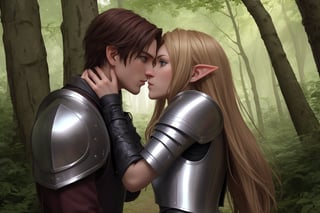 Full body shot. Show a young, cute, blonde, blue-eyed, elf woman in leather armor and a red-dark-haired, tall, strong, handsome, greyish-green-eyed human male in plate armor. Both are characters from the game Lineage II. They are kissing each other in a lovely forest.