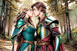 Full body shot. Show a young, cute, blonde, blue-eyed, elf woman in leather armor and a red-dark-haired, tall, strong, handsome, greyish-green-eyed human male in plate armor. Both are characters from the game Lineage II. They are kissing each other in a lovely forest.,renaissance,MUGODDESS