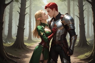 Full body shot. Show a young, cute, blonde, blue-eyed, light elf archer woman in leather armor. There is also a red-dark-haired, tall, strong, handsome human male warrior with green-greyish eyes. Both are in the style of the game Lineage II. They are kissing each other in a lovely forest.,Expressiveh