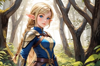 Show a young, cute elf woman, with blonde hair and blue eyes, alone in an enchanted forest. She has a regular body type, slightly fit but agile and elegant. She has medium-long hair with a braid parting from each side of her head and joining in the back, and her bangs to the side. She is an archer and wears a leather armor. American plane,MUGODDESS