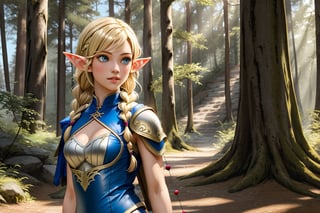 Show a young, cute elf woman, with blonde hair and blue eyes, alone in an enchanted forest. She has a regular body type, slightly fit but agile and elegant. She has medium-long hair with a braid parting from each side of her head and joining in the back, and her bangs to the side. She is an archer and wears a leather armor. Full body shot,MUGODDESS,renaissance