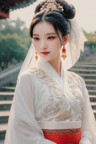 1girl, solo, beautiful asian looking girl, looking at viewer, smile, long black hair, ((white long sleeves)), ((white dress)), jewelry, ((hair bun)), wedding veil, beautiful chinese ornament hairpin, standing, torso shot, earrings, outdoors, wide sleeves, chinese clothes, veil, stairs, hanfu, intricate details, highly detailed, expressiveh, emotionless, realistic, 