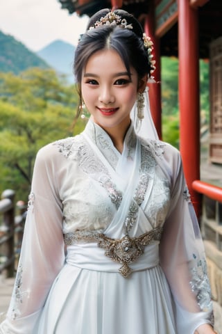 1girl, solo, beautiful asian looking girl, looking at viewer, smile, long black hair, ((white long sleeves)), ((white dress)), jewelry, ((hair bun)), wedding veil, beutiful hairpin, standing, torso shot, earrings, outdoors, wide sleeves, chinese clothes, veil, stairs, hanfu, intricate details, highly detailed, expressiveh, emotionless, realistic, 