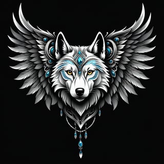 a wolf tribal whit wing majestic with clasic ornament Mechanical lines Elegance T-shirt design, BLACK BACKGROUND