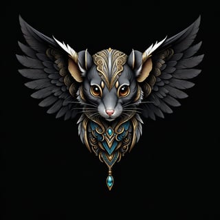 a mouse tribal whit wing majestic with clasic ornament Mechanical lines Elegance T-shirt design, BLACK BACKGROUND