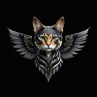 a cat tribal whit wing majestic with clasic ornament Mechanical lines Elegance T-shirt design, BLACK BACKGROUND