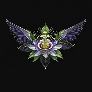 a passion flower whit wing majestic with clasic ornament Mechanical lines Elegance T-shirt design, BLACK BACKGROUND