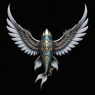 a fish tribal jewerly whit wing majestic with clasic ornament Mechanical lines Elegance T-shirt design, BLACK BACKGROUND